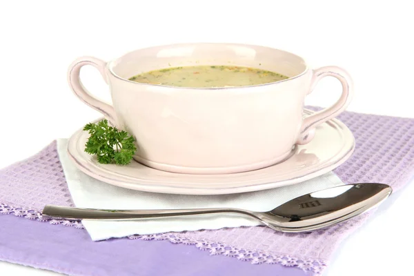 Soupe nourrissante aux légumes dans une casserole isolée sur blanc — Photo