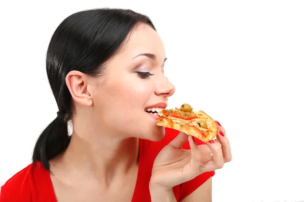 Piękna dziewczyna zjada pizzy makro na białym tle — Zdjęcie stockowe