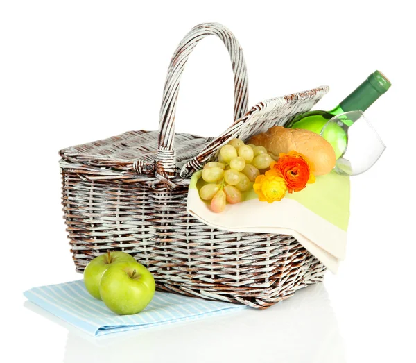 Picnic basket with fruits and bottle of wine, isolated on white — Stock Photo, Image