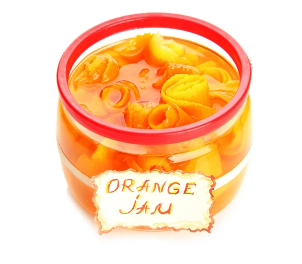 Engarrafamento de laranja com raspas, isolado em branco — Fotografia de Stock