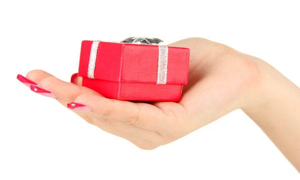 Manos femeninas con caja de regalo, aisladas en blanco — Foto de Stock