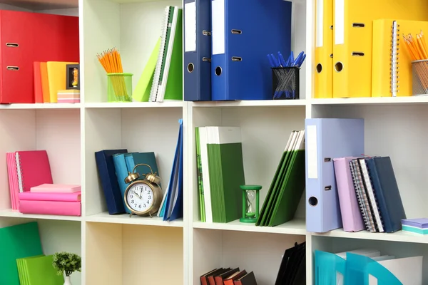 White office shelves with different stationery, close up — Stock Photo, Image