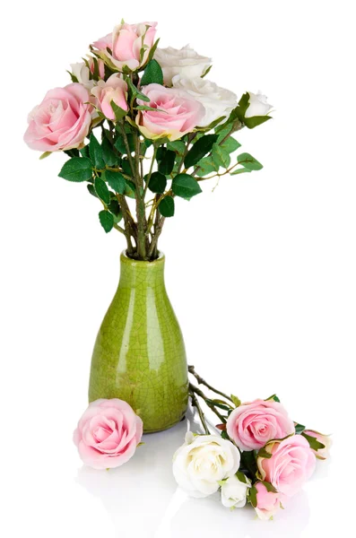 Beautiful pink and white roses in vase isolated on white — Stock Photo, Image