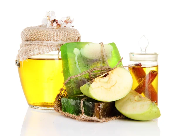 Hand made soap and ingredients for soap making, isolated on white — Stock Photo, Image