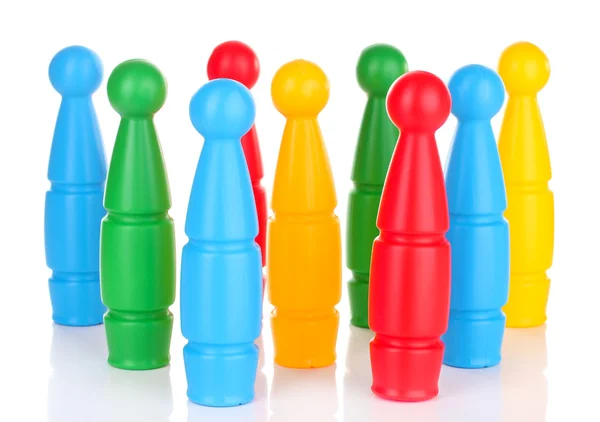 Plastique coloré quilles de jouet bowling isolé sur blanc — Photo