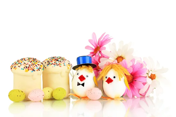 Easter eggs and two chicken toys isolated on white — Stock Photo, Image