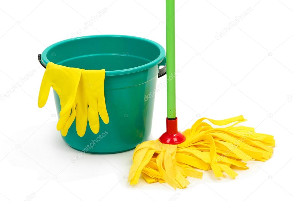 Mop, plastic bucket and rubber gloves, isolated on white