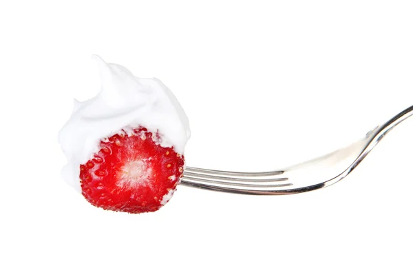 Strawberry with cream on fork, isolated on white — Stock Photo, Image