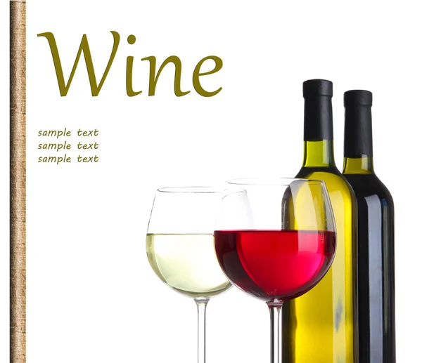 Glasses and bottles with red and white wine isolated on white — Stock Photo, Image