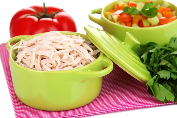 Shredded boiled chicken in green pan close up — Stock Photo, Image