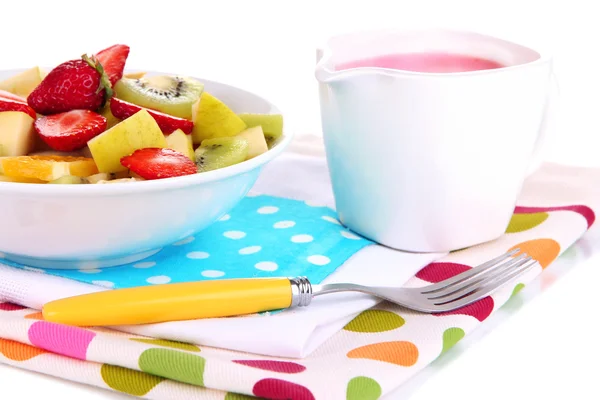 Useful fruit salad of fresh fruits and berries in bowl isolated on white — Stock Photo, Image