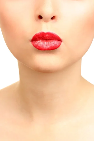 Hermoso maquillaje de glamour labios de brillo rojo —  Fotos de Stock