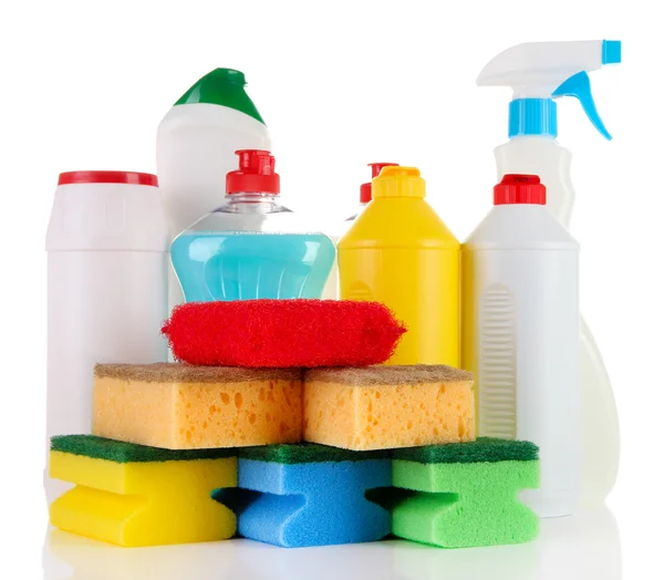 Different kinds of kitchen cleaners and colorful sponges, isolated on white — Stock Photo, Image