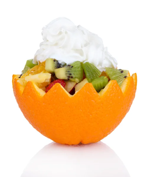 Fruit salad in hollowed-out orange isolated on white — Stock Photo, Image