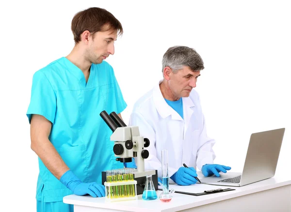 Médico e avaliador durante a pesquisa isolada em branco — Fotografia de Stock