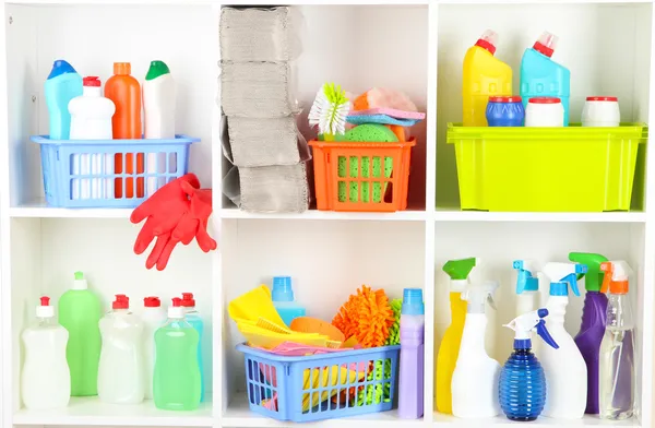 Shelves in pantry with cleaners for home close-up — Stock Photo, Image