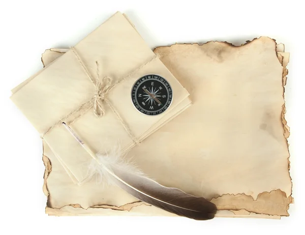 Old paper, letters and compass isolated on white — Stock Photo, Image