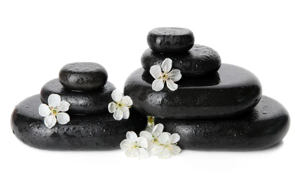 Wellness-Steine und weiße Blumen isoliert auf weiß — Stockfoto