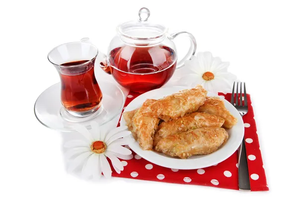 Sweet baklava on plate isolated on white — Stock Photo, Image