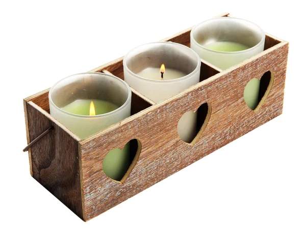 Candelero de madera con velas, aislado en blanco — Foto de Stock