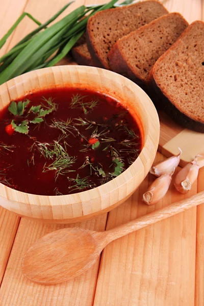 Delicious borsch on table close-up — Stock Photo, Image