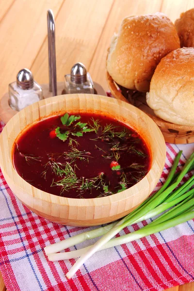 Delicious borsch on table close-up — Stock Photo, Image