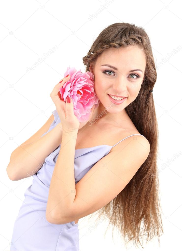 Young woman with beautiful hairstyle and flower, isolated on white