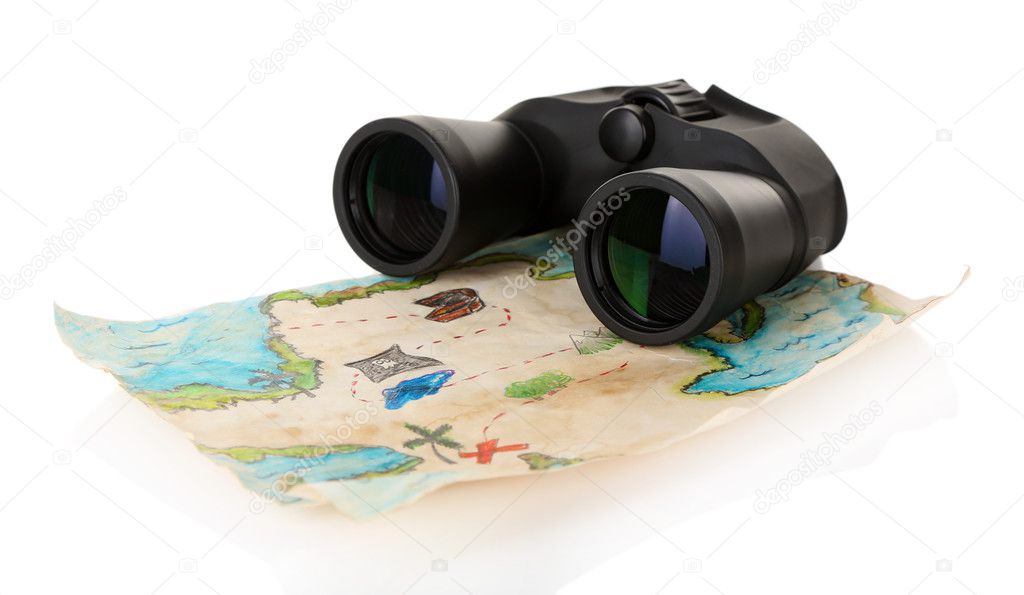 Black modern binoculars with map of adventure isolated on white