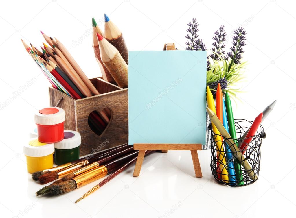 Pencils in wooden crate, paints, brushes and easel, isolated on white