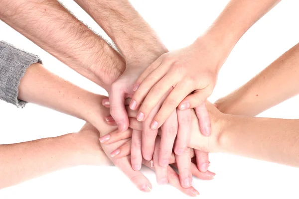 Grupo de jóvenes 's manos aisladas en blanco — Foto de Stock