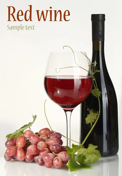 Flasche, Glas Wein und reife Trauben isoliert auf weiß — Stockfoto