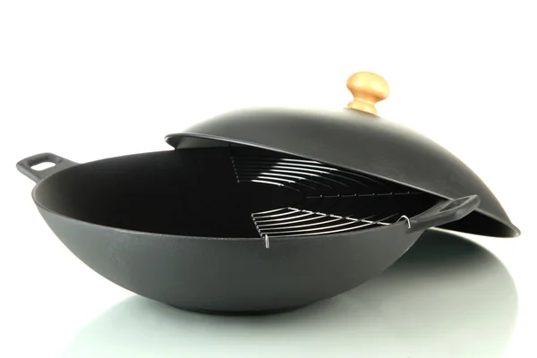 Black wok pan isolated on white — Stock Photo, Image