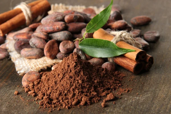 Frijoles de cacao, cacao en polvo y especias sobre fondo de madera — Foto de Stock