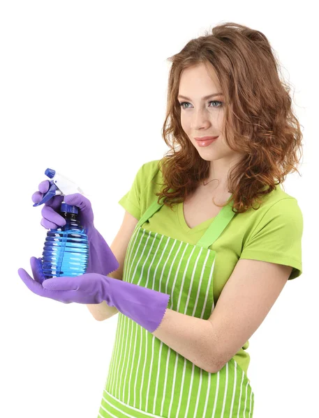 Young woman holding sprayer, isolated on white — Stock Photo, Image