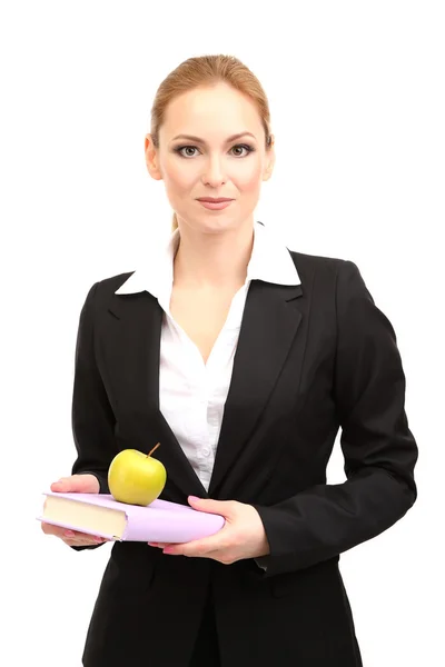 Retrato de maestra con libro y manzana, aislada sobre blanco — Foto de Stock