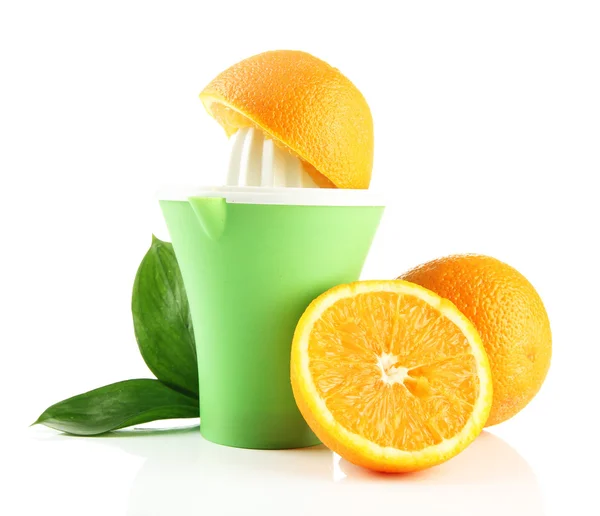 Citrus press and ripe oranges, isolated on white — Stock Photo, Image