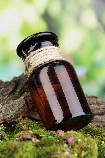 Bouteille avec de l'huile de base sur écorce d'arbre et pierres gros plan — Photo