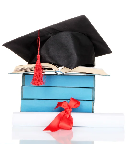 Grad hat with diploma and books isolated on white — Stock Photo, Image