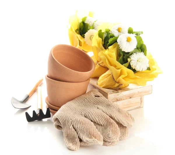 Piękne wiosenne kwiaty w drewnianej skrzyni i na białym tle narzędzia ogrodnicze — Zdjęcie stockowe