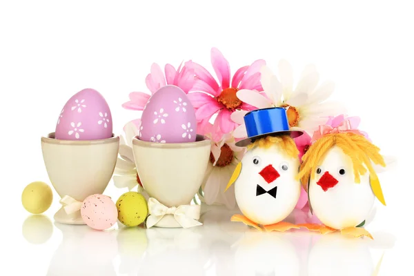 Easter eggs and two chicken toys isolated on white — Stock Photo, Image