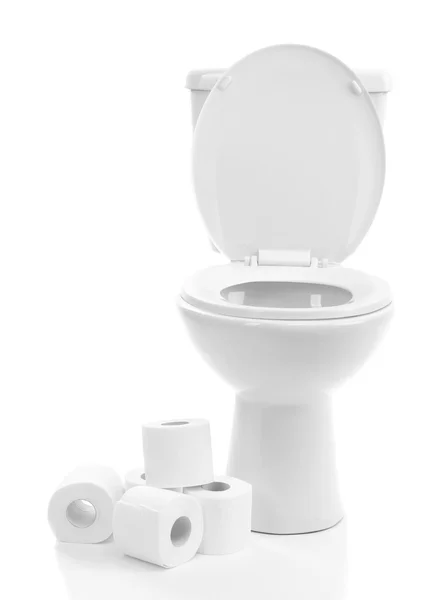 White toilet bowl with toilet paper, isolated on white — Stock Photo, Image