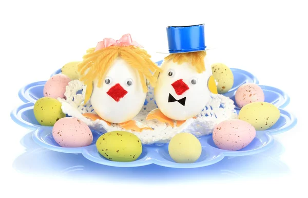 Easter eggs and two chicken toys isolated on white — Stock Photo, Image