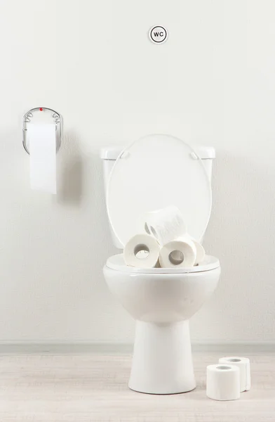 Biała muszla klozetowa z papierem toaletowy w łazience — Zdjęcie stockowe