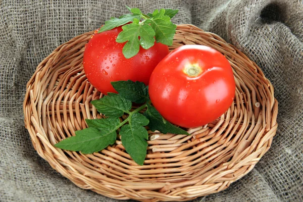 Fresh tomatoes on wicker mat on sackcloth background — Stock Photo, Image