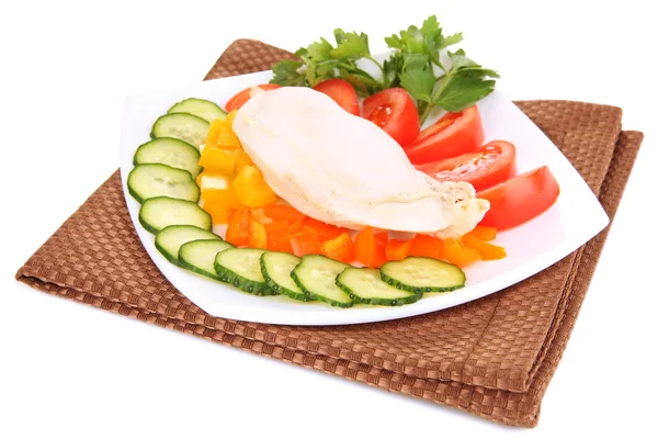 Boiled chicken breast on plate with vegetables isolated on white — Stock Photo, Image