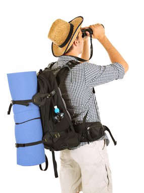 Genç hiker adam turist ile dürbün, üzerinde beyaz izole