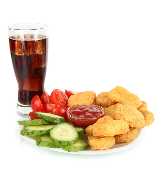 Fried chicken nuggets with vegetables,cola and sauce isolated on white — Stock Photo, Image