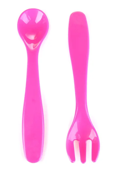 粉红色的叉子和勺子的婴儿食品上白色隔离 — 图库照片