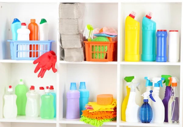 Shelves in pantry with cleaners for home close-up — Stock Photo, Image