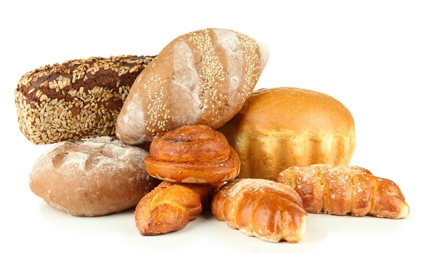 Komposition mit Brot und Brötchen, isoliert auf weiß — Stockfoto